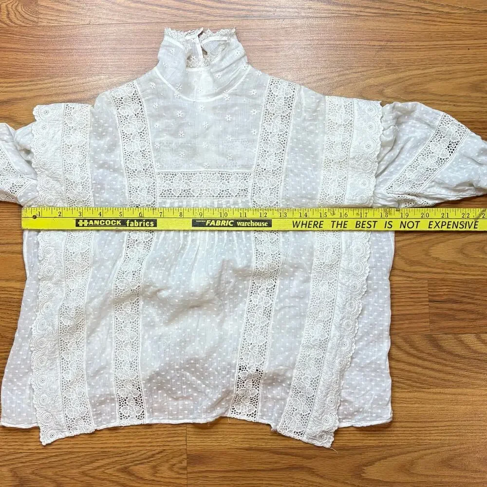 Antique Victorian Blouse White Lace Edwardian Puff Sleeve Cropped S Swiss Dot